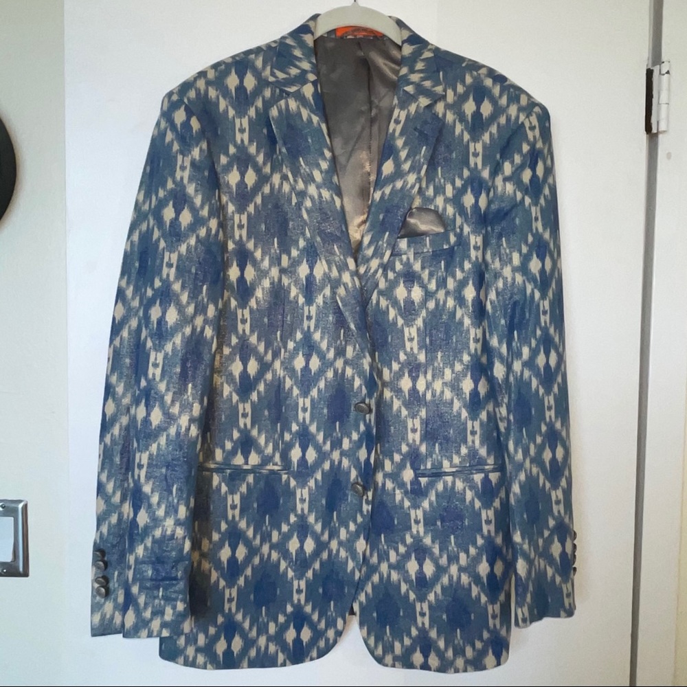 TALLIA MENS IKAT BLUE AND TAN BLAZER